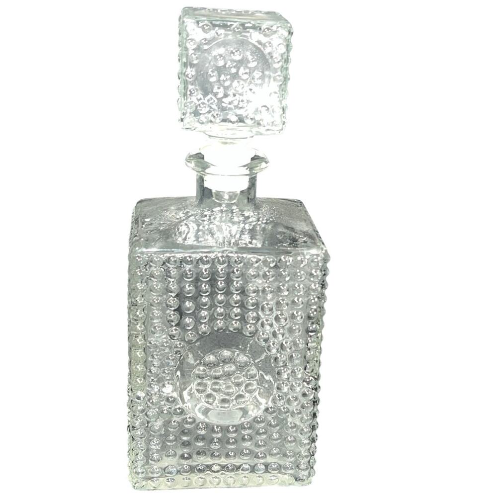 Vintage Clear Glass Decanter Hobnail Pattern MCM Barware Medallion Design 10"
